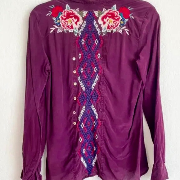 JOHNNY WAS Purple Floral Embroidered Long Sleeve Silk Top Small - Picture 6 of 12
